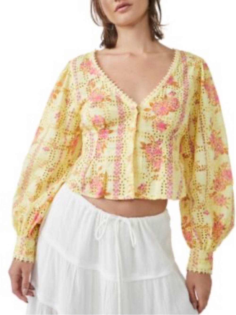 Free People, medium, 100% cotton, Blossom Eyelet Top in the yellow and pink
